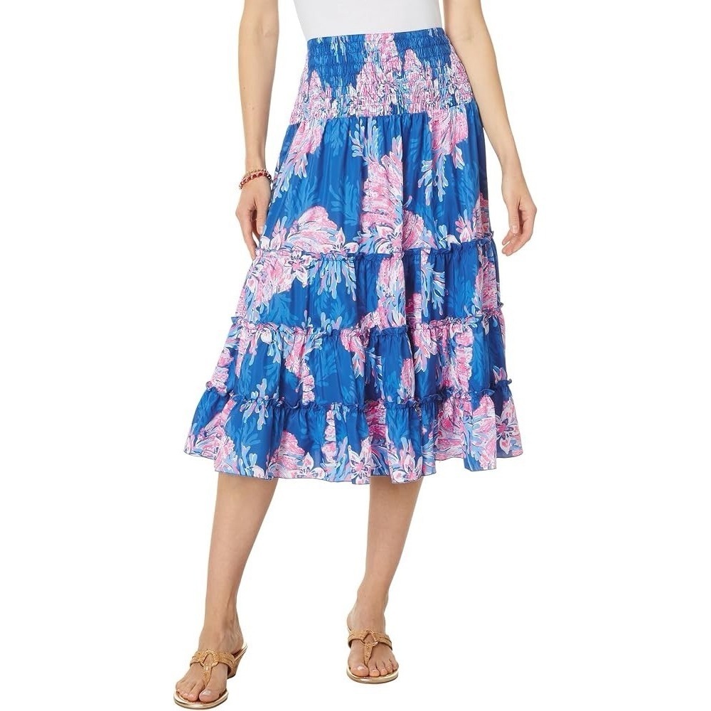Lilly Pulitzer Deavan Pull-on Tiered Midi Skirt For The Fans Pink Blue Beachy S